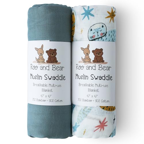 Image of Muslin Swaddle Blankets for Newborn Baby, Buttery Soft and Breathable Receiving Blanket Bamboo Rayon and Cotton Blend, Large Size 47 x 47 Inch, 2 Pack of Blue and Space Cats