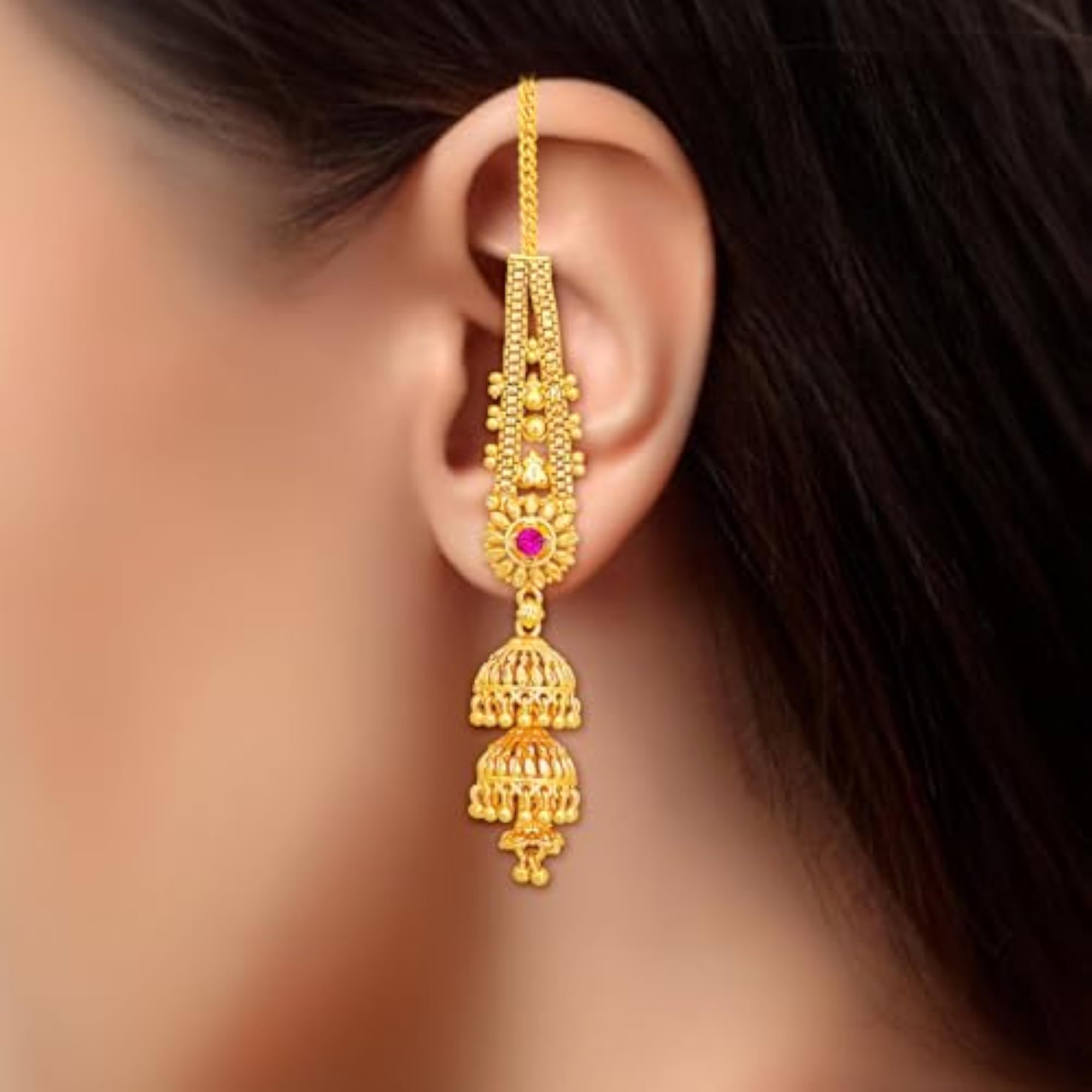 Women's Traditional Micron Plated Kaan Chain Jhumki Earrings