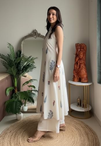 Image of Klosia Women Pure Cotton Kurta Palazzo Set | Sleeveless Printed Kurta with Palazzo Pants | Summer Friendly, Office Wear Co-Ord Set