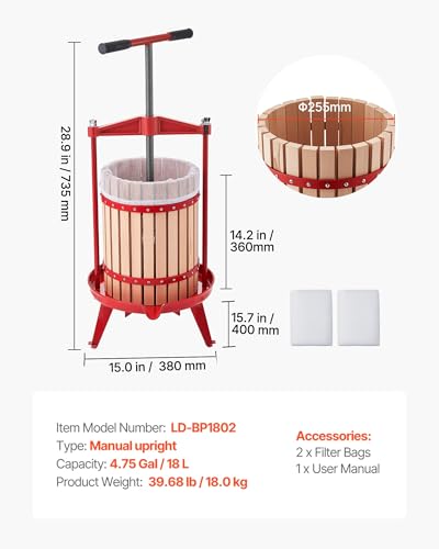 Image of VEVOR Fruit Wine Press, 4.75Gal /18L Manual Juice Maker, Solid Beech Wood Basket, Vintage Traditional Juicer with 2 Filter Bags, Heavy Duty T-Shaped Handle Bar for Cider Apple Grape Press, Kitchen Home