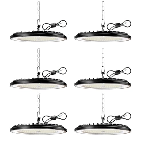 6PCS UFO LED Lámpara de Alta Bahía 100W, 15000LM Superbrillantes Focos Led Interior Techo, 6000K Blanco Frío Iluminación de Almacén, IP65 Impermeable Lampara Industrial para Garaje Fábrica Taller