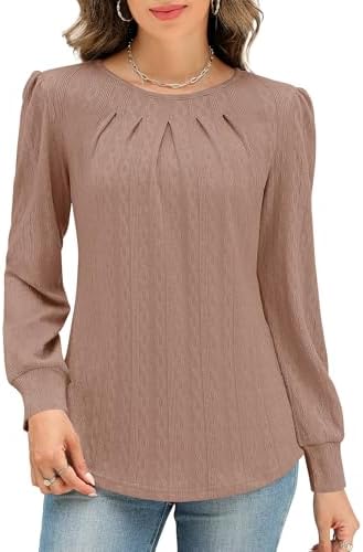 LOMON Womens Long Sleeve Tops Crew Neck Pleated Shirts Dressy Casual Textured Blouses Loose Fit Fall Trendy Basic Clothes