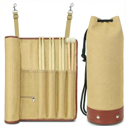 FEILOONG Drum Stick Bag, Crossbody Shoulder Strap Portable Vintage Drumstick Bag Kit Gifts for Drummers, Beginners, Khaki