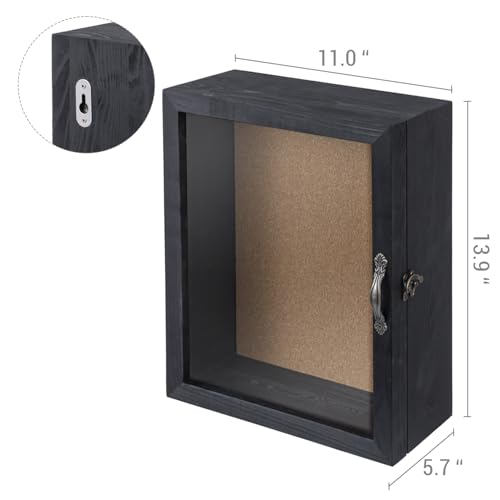MyGift 11x14 Deep Shadow Box with Cork Board Backing, Wall Mounted Display Case with Clear Acrylic Front Window Panel, Metal Handle and Latch, Vintage Black Solid Wood, for Wedding, Graduation by MyGift - Used condition - Image 5