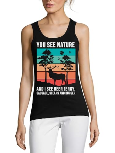 Débardeur femme Deer Jerky Saucisse Steaks Burger en coton noir vêtement humour chasse