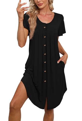 Bestshow Pleated Nightgown Short Sleeve Sleepwear Button Sleepshirt Night Shirt with Pocket Loungewear Pj Dress