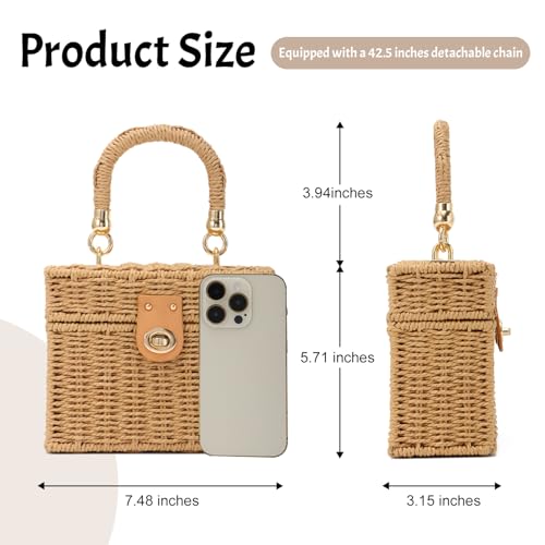 Bolso cuadrado pequeño tejido a mano de paja para mujer miniatura 3