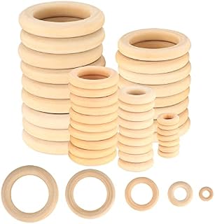 WELHAEPI 90 Pcs Natural Wooden Rings, Unfinished Wood Teething Rings, Craft Wooden Rings Hoops for Craft DIY Jewelry Making Pendant Connectors Wooden Craft Rings - 15mm, 25mm, 35mm, 45mm, 55mm