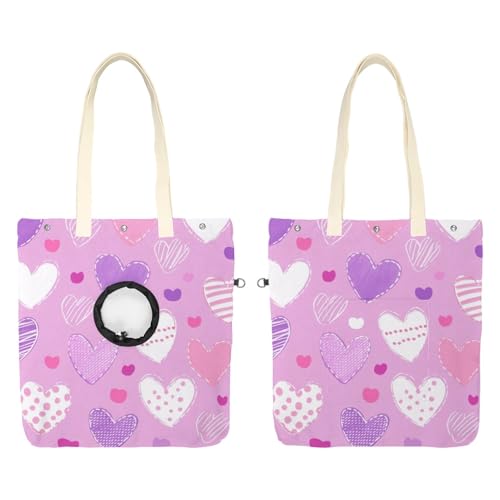 Pet Canvas Shoulder Bag Soft-Sided,Dog Purse Carrier for Small Dogs and Cats, Portable Pet Handbag with Adjustable Hole, Pet Washable Travel Tote Bag,Purple Hearts Pattern 16.7''x15.8''