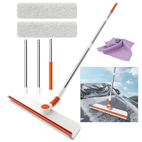 Image of Window Squeegee Cleaner Pole, 2-in-1 Window Cleaning Tool with 50 inch Extendable Pole Bendable Head Window Washing Equipment or Indoor Outdoor Window Glass Door Car Windshield (Cleaner with Pink Cloth)
