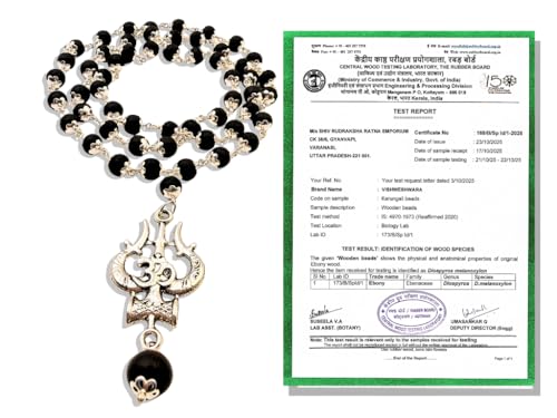 Image of Govt. Lab Certified Karungali Om Shiv Triushul Malai Original | 100% Natural Ebony Wood (54+1) Beads Mala 8mm in German Silver Cap | for Men & Women