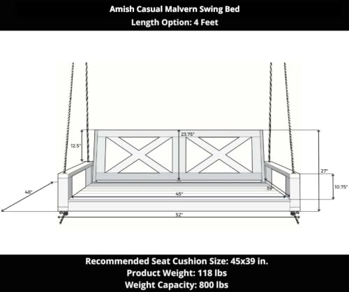 Image of Malvern 4 Foot Wood Porch Swing Bed in Dark Walnut Stain, Amish Handcrafted Daybed Style Swing
