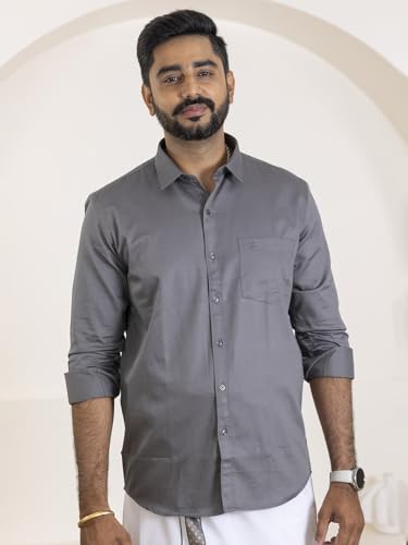 Image of RAMRAJ COTTON Men Premium Cotton Full Sleeves Shirt and Fancy Border Dhoti Set Luxe Set