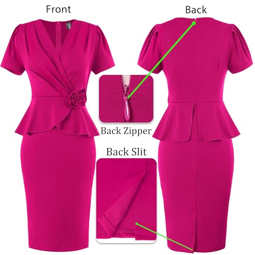 VFSHOW Womens 2024 Elegant Classy Vintage 40s 50s Business Casual Office Professional Sheath Pencil Dresses Puff Sleeve V Neck Slim Fitted Bodycon Dress (Hot Pink, Large) 11208 HPIK L4