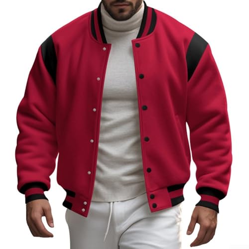 Eawfgtuw Chaqueta casual ajustada sin cuello para hombre, abrigo de béisbol con cremallera, cárdigan ligero con bolsillos para otoño e invierno (M rojo)
