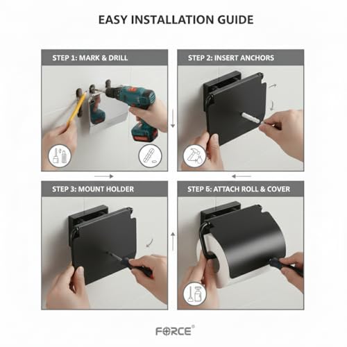 Image of Force Stainless Steel Toilet Paper Roll Holder | Wall-Mounted Bathroom Tissue Holder | Rust-Proof & Corrosion-Resistant | Space-Saving Durable Bathroom & Basin Accessory Black Pack 3