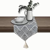 CK Home Modern Table Runner 62" x 12" with Tassels- Reversible & Washable. Indigo/Beige.