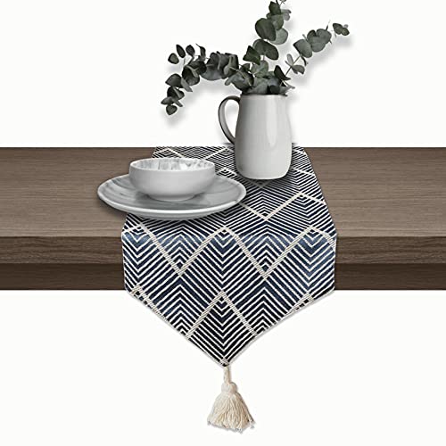 Ck Home Fabric Table Runner (78" X 12") With Tassels- Reversible & Washable, Woven Jacquard, Indigo/Beige. #TOP7