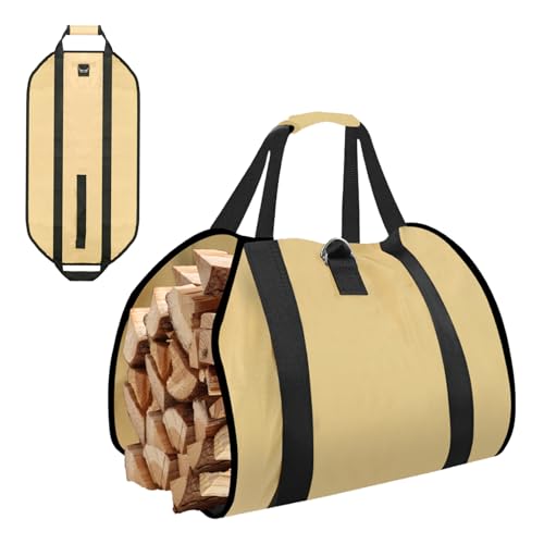 Log carrier bag, Waxed Canvas with Handles, 34 * 18.8 large firewood bag, outdoor log carrier, indoor fireplace accessories. Khaki
