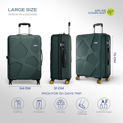 Image of Safari Pentagon Pro Check-in Trolley Bag, Hard Case Polypropylene, 360º Wheeling Luggage with 8 Wheels Spinner for Men & Women, Travel Bag, Suitcase for Travel, Dusk Green, Large Size, 75 Cm