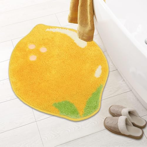 Image of Microfiber GAVI Super Soft Rectangular Bath Mat Anti Skid Cute Absorbent Kids Small Bath Mat Cartoon Fruit Bathroom Rug Non Slip Cute Floor Anti Slip Mat (60 x 40 Cm) (Lemon Yellow)