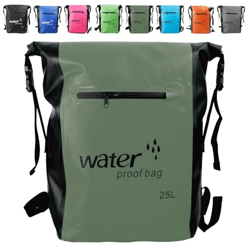 Image of MORAINJAY 25L Waterproof Backpack with Pocket,Large Captity Sage Green Dry Bag with Long Adjustable Shoulder Strap,500D PVC Reinforced Design Dry Sack for Camping,Swimming,Hiking&Outdoor Adventures