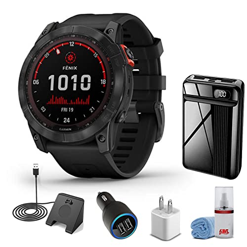 Garmin Fenix 7X Solar Edition Smart Watch Slate Gray with Black Band (51mm) + Watch Charging Stand + USB Car/Wall Adapter + 6TH AVE Cleaning Kit (Bundle) (010-02541-00)
