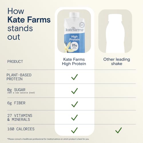 Image of KATE FARMS Organic High Protein Vanilla Nutrition Shake, 25g Protein, 6g Fiber, 27 Vitamins and Minerals, 0g Sugar, Protein Drink, 11 oz (12 Pack)