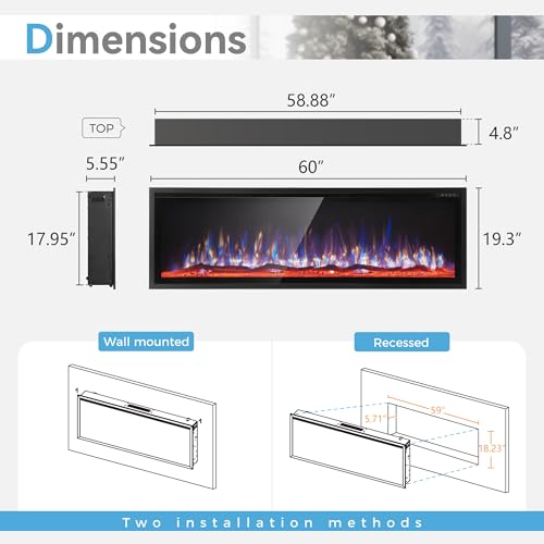 Image of 60 inch Electric Fireplace Inserts /Wall Mounted Ultra-Narrow Bezel Fireplace