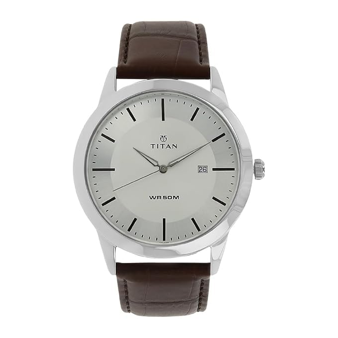 Classic Analog Watch with Brown Leather Strap, Silver Case, Roman Numeral Dial, Date Display