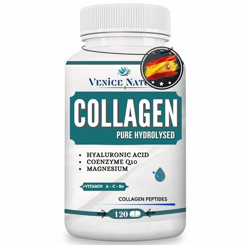 Colageno con Magnesio - Colágeno Hidrolizado y Ácido Hialurónico + Coenzyme Q10 + Vitamina C + Vitamina A + Vitamina B6 - Collagen Venice Nature