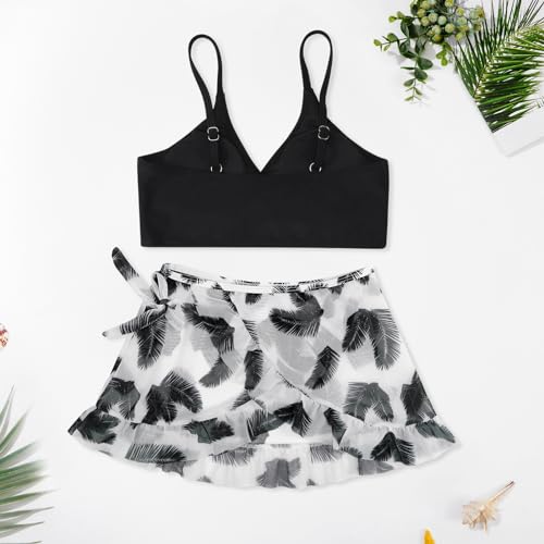 Girls 3 Piece Swimsuits Bathing Suit Cute Ruffle Floral Print Bikini Set with Skirt Kids Swimwear Size 9-14 Years2