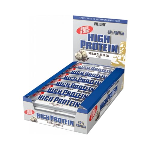Weider Low Carb High Protein Eiweißriegel, Stracciatella, 24 Stück pro Box, Fitness & Bodybuilding