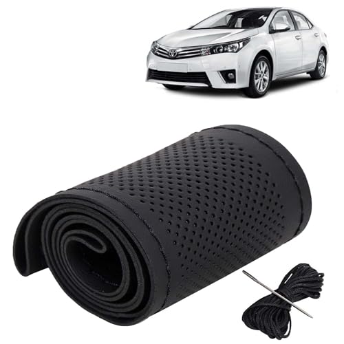 Image of KINGSWAY PU Leatherite Car Steering Cover Sewable Compatible with Toyota Corolla Altis (Year 2013-2019), Black Color with Black Thread, Pack of 1 with Sewing Needle and Thread