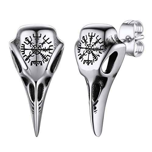 FaithHeart Pendientes Vikingos Cuervo Compás Vegvisir Brújula Pendientes Hombres Acero Inoxidable 316L Calavera Cabeza Pájaro Regalo Padres Hijos Reyes Joyería Steampunk