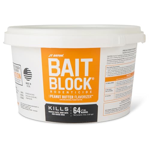 JT Eaton Bait Block Peanut Butter Flavor Rodenticide – 4 lb. Pail – Effective Rodent Control Bait Blocks – Long-Lasting and Easy to Use