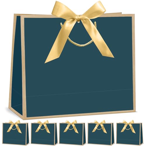 CINSOEN 12 Pcs Paper Gift Bags with Handles, Thank You Gift Bag with Ribbon Bow for Christmas Graduation Wedding Bridesmaid Birthday Baby Shower Party Valentine's Day, 12.4x9.8x4.3 inches (Navy Blue, Gold)