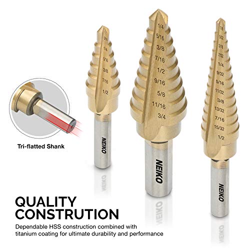 Neiko 10193A Titanium Step Drill Bit Set, High Speed Steel | 3-Piece Set | Total 28 Sizes