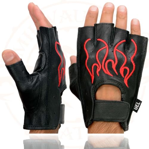 Image of Milwaukee Leather SH198 Men's Black Flame Embroidered Fingerless Gloves with Gel Palm | Padded Comfort; Vibration Relief; Flame Embroidery