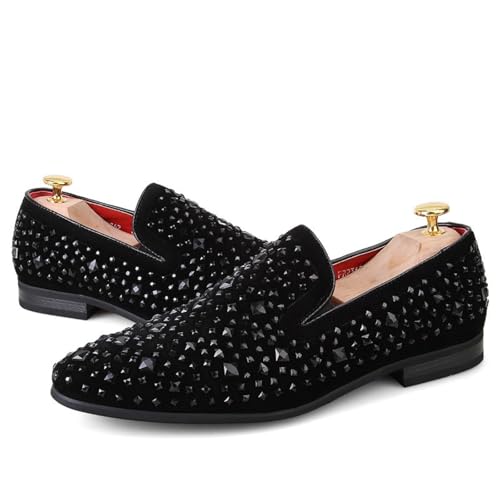 Men's Rhinestone Sequined Slip-on Smoking Loafers,Trendy Suede Pointed Toe Classic Tuxedo Dress Shoes Moccasins Party Wedding Penny Sparkly Shoes4