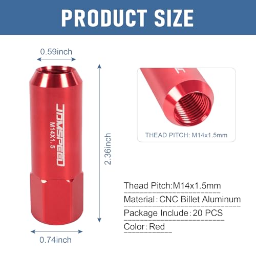 Image of JDMSPEED New Red 20PCS M14X1.5 60MM Extended Forged Aluminum Tuner Racing Lug Nut