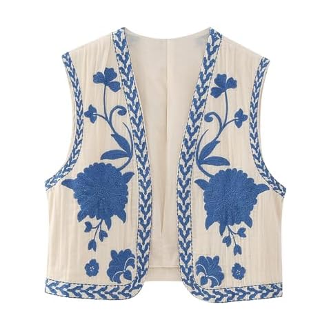 Wyeysyt Women Floral Embroidered Vest Vintage Sleeveless Boho Y2k Cardigan Open Front Cropped Waistcoat(Blue-M) Cover