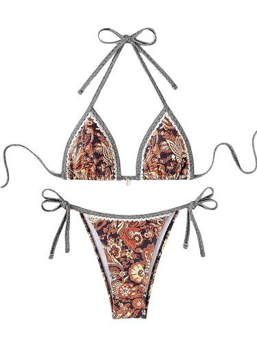 Image of BYFINECANY Women's Floral Printed Bathing Suit Halter Paisley Summer Swimsuit Bikinis Set