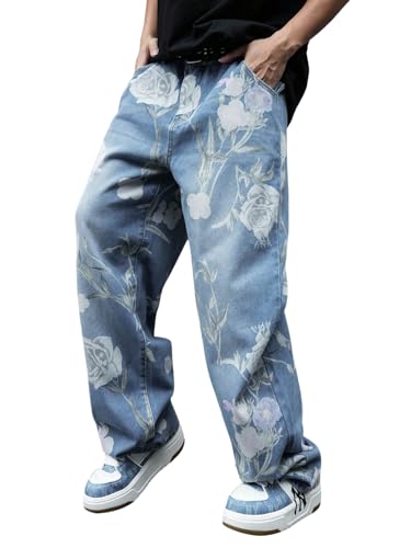 Men's Floral Jeans Hip Hop Wide Leg Casual Baggy Denim Pants with Pockets