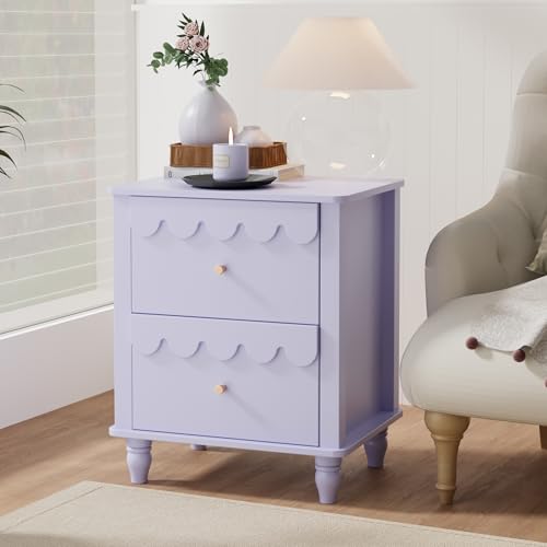 Image of Purple Nightstand Side End Table with 2 Drawers, Modern Night Stand with Petal Pattern for Bedroom, Scalloped Bedside Night Tables with Solid Wood Legs