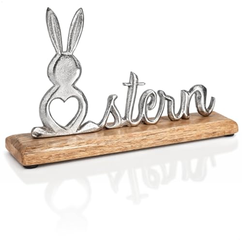 com-four® Deko-Aufsteller Ostern - Schriftzug aus Metall auf Mangoholz-Sockel, 23 cm lang - Metall-Oster-Dekoschrift zum Hinstellen - Moderne Osterdekoration für Tisch und Komode (1x Schriftzug 02)