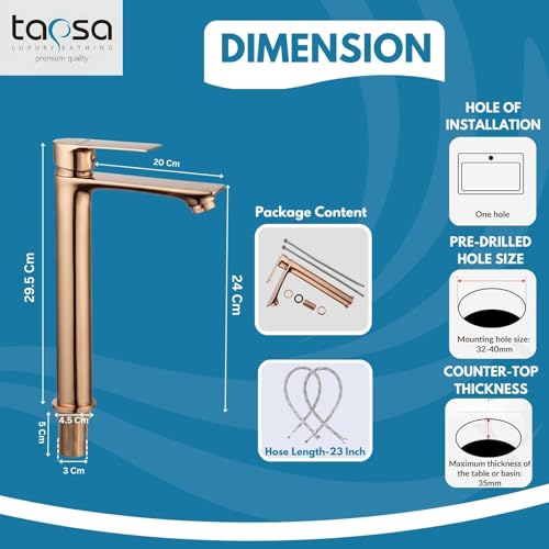 Image of Tapsa Kubix Series Brass Rose Gold Single Lever Basin Mixer Faucet | Modern Single Lever | 12 Inch Tall Body Tap | Hot & Cold Water Mixer for Bathroom, Kitchen Basin Mixer Faucet