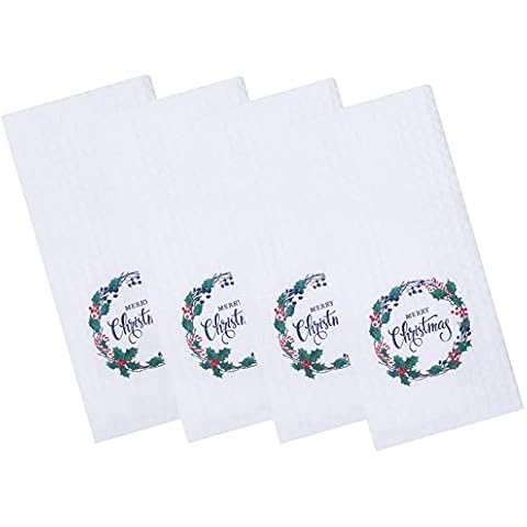 Homaxy Premium Microfiber Waffle Weave Christmas Kitchen Towels, 16 x 28 Inch Ultra Soft and Absorbent Christmas Leaves Wreath Dish Towels, 4 Pack Cover