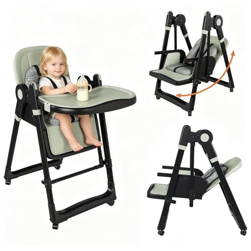 Image of Foldable Baby High Chair with 150 Swing & Recline,Convertible High Chairs for Babies and Toddlers,5 Height Levels,3 Backrest & Footrest Positions,Removable Double Tray,Lockable Wheels (Dark Green)