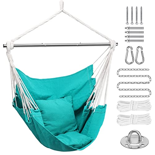 Hammock Chair Hanging Rope Swing, Hanging Chair Portable Detachable Metal Support Bar Hammock Chair Swing With Hardware Kit No Cushion For Outdoor Bedroom Backyard Deck Camp Beach(Pea Green) #TOP7